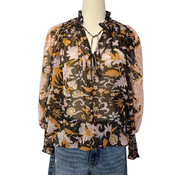 OPT Floral Sheer Peasant Boho Blouse Top Black/Gold Printed | Size: XS NWT - Picture 1 of 9